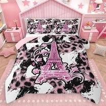 Homewish Pink Eiffel Tower Bedding Comforter Set for Girls, Fashion Leopard Cheetah Print Twin Comforter Sets, Anniversary Reversible Bedding Set, Luxury Bedroom Decor, 2pcs