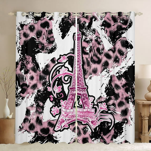 Homewish Pink Eiffel Tower Black Out Curtains for Girls, Fashion Leopard Cheetah Print Curtains Pack of 2 (42x63 Each), Anniversary Bedroom Curtains, Curtains and Drapes Decor