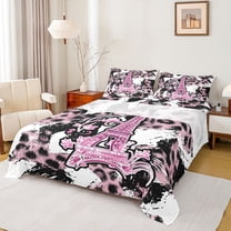 Homewish Pink Eiffel Tower Twin Sheet Sets for Girls, Fashion Leopard Cheetah Print Twin Fitted Sheet, Anniversary Flat Sheet, Luxury Bedroom Decor, 3pcs