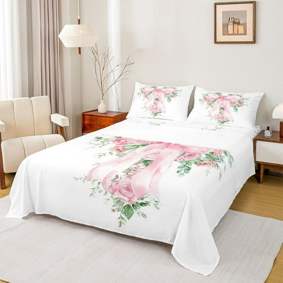 Homewish Pink Fashion Bowknot Full Size Sheets for Girl, Spring Rose Floral Bed Sheets, Kawaii Princess Style Sheet Sets, Ultra Soft Bedroom Decor, 4pcs
