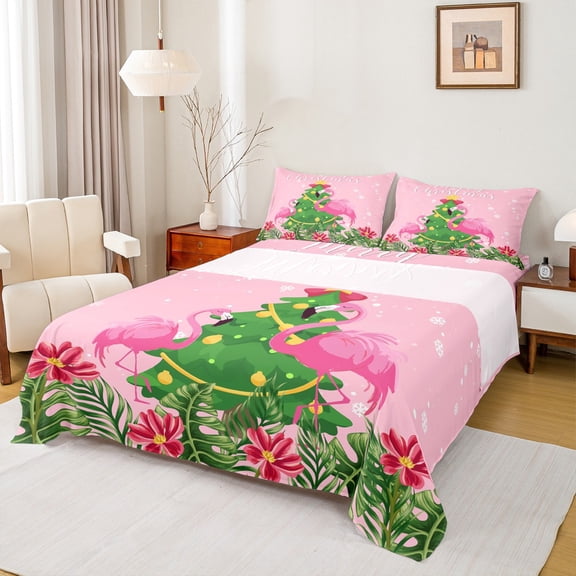 Homewish Pink Flamingo Animal Queen Sheet Sets, Kawaii Christmas Tree Flat Sheet, Palm Flower Plant Queen Fitted Sheet, Lightweight Room Decor, 4-Piece