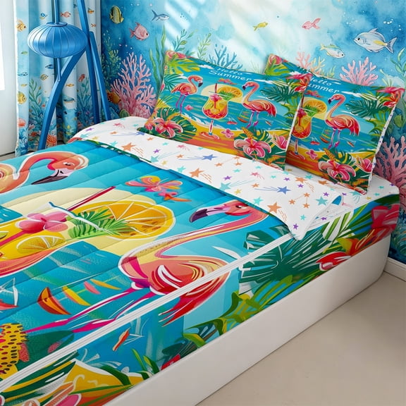 Homewish Pink Flamingo Tropical Ocean Beach Zipper Twin Comforter Sets with Fitted Sheet and 2 Pillowcases for Boys Girls,Teens Summer Holiday Palm Tree Flowers Zipper Bedding Set,4-Piece