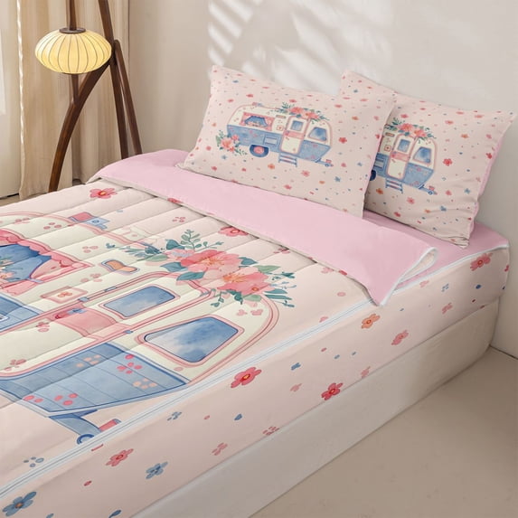 Homewish Pink Floral RV Car Zipper Twin Comforter Sets with Fitted Sheet and 2 Pillowcases, Blossoms Flower Zipper Bedding Set for Women, Pink Reversible, 4-Piece
