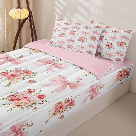 Homewish Pink Flower Bow Zipper Full Size Comforter Sets with Fitted Sheet and 2 Pillowcases for Girls, Spring Groovy Floral Zipper Bedding Set, Pink Reversible, 4-Piece