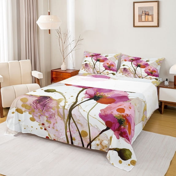 Homewish Pink Flower Floral Queen Sheet Sets, Fashion Marble Artwork Flat Sheet, Splash Watercolor Queen Fitted Sheet, 4pcs