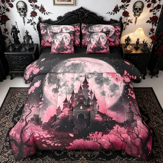 Homewish Pink Flower Victorian Castle Full Size Bedding Sets for Teens, Magical Moon Halloween Full Size Bed in a Bag, Black Reversible, 7pcs