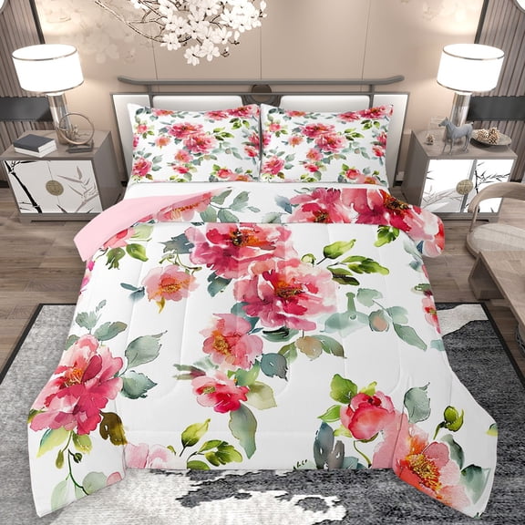 Homewish Pink Flowers 3-Piece Full Size Comforter Sets For Kids Teens Adults,Chic Floral Blossoms Bedding Comforter Set,Watercolor Botanical Plants Lightweight Bedding Sets