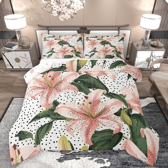 Homewish Pink Flowers Lily 2pcs Bedding Comforter Set For Teens Female Girls,Spring Garden Twin Comforter Sets,Polka Dots Breathable Bedding Set,Lightweight Room Decor,Reversible