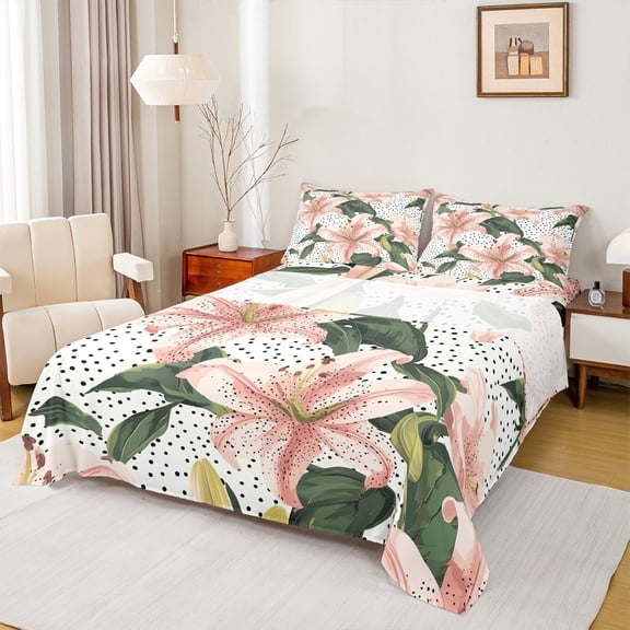 Homewish Pink Flowers Lily 3pcs Twin Sheet Sets For Teens Female Girls,Spring Garden Twin Fitted Sheet,Polka Dots Breathable Flat Sheet,Lightweight Room Decor