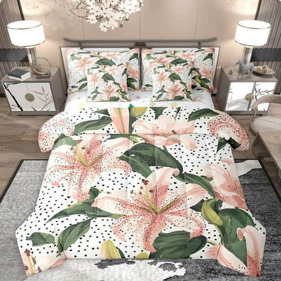 Homewish Pink Flowers Lily 7-Piece Twin Bedding Sets For Teens Female Girls,Spring Garden Bedding Comforter Set,Polka Dots Breathable Sheet Sets,Lightweight Room Decor,Reversible