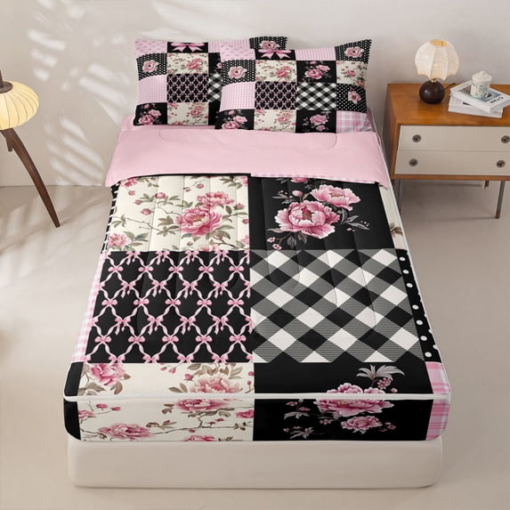 Homewish Pink Flowers Zipper Full Size Comforter Sets with Fitted Sheet and 2 Pillowcases For Girls Kids,Geometric Patchwork Grid Zipper Bedding Set,Reversible,4 Pieces