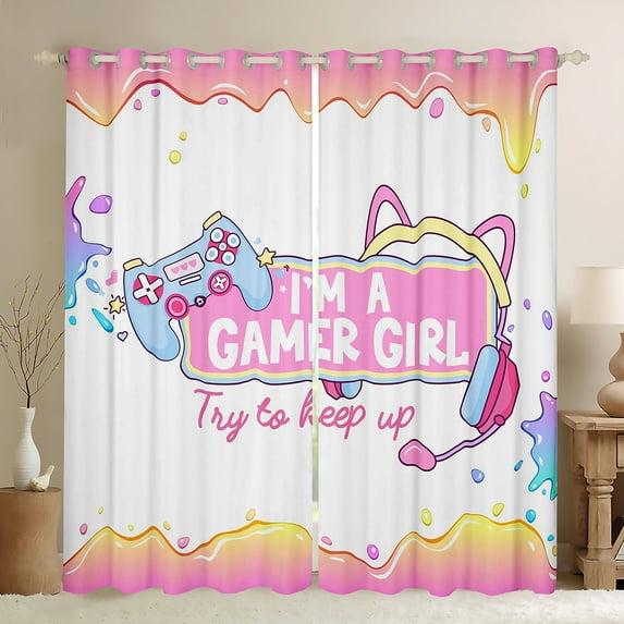 Homewish Pink Game Console Black Out Curtains for Kids, Cartoon Gamepad Curtains Pack of 2 (42x63 Each), Kawaii Game Girl Bedroom Curtains, Curtains and Drapes Decor