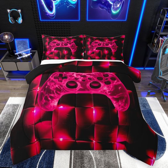 Homewish Pink Gamepads Bedding Comforter Set 2pcs for Kids Children Boys,Futuristic Cubes Twin Comforter Sets Microfiber,Video Game Breathable Bedding Set,Super Cozy Room Decor,Reversible