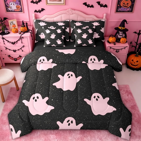Homewish Pink Ghost Full Size Bedding Sets for Kids, Sparkle Halloween Galaxy Stars Full Size Bed in a Bag, Black Reversible, 7 Pieces