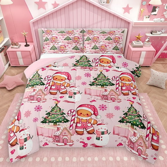 Homewish Pink Gingerbread Man Bedding Comforter Set, Cartoon Christmas Tree Twin Comforter Sets, Kawaii Winter Cabin Reversible Bedding Set, Luxury Bedroom Decor, 2-Piece