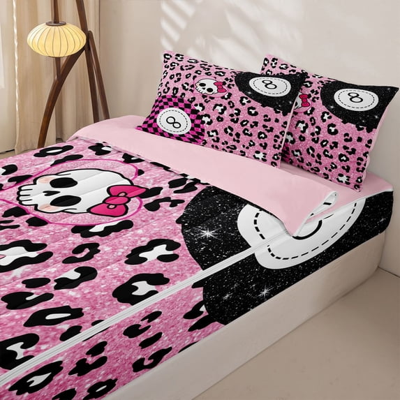 Homewish Pink Glitter Print Checker Zipper Full Size Comforter Sets with Fitted Sheet and 2 Pillowcases, Bow Skull Billiards Zipper Bedding Set for Women, Pink Reversible, 4-Piece