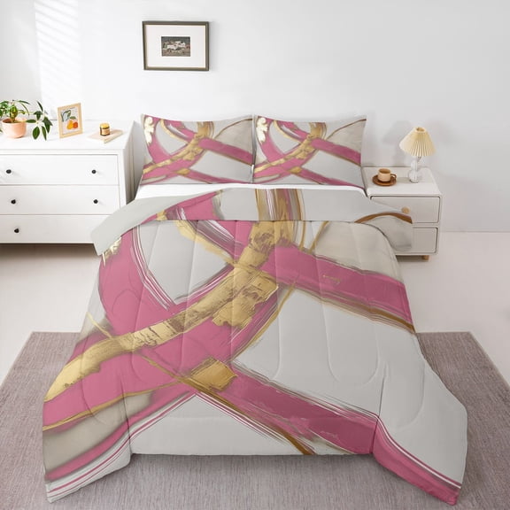 Homewish Pink Gold Gray Queen Comforter Set,Modern Brush Strokes Comforter Sets Queen,Light Gray Reversible,3-Piece,1 Comforter and 2 Pillowcases