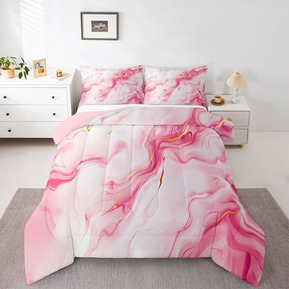 Homewish Pink Gold Marble Queen Comforter Set,Contemporary Aesthetic Comforter Sets Queen,Pink Reversible,3 Pieces,1 Comforter and 2 Pillowcases