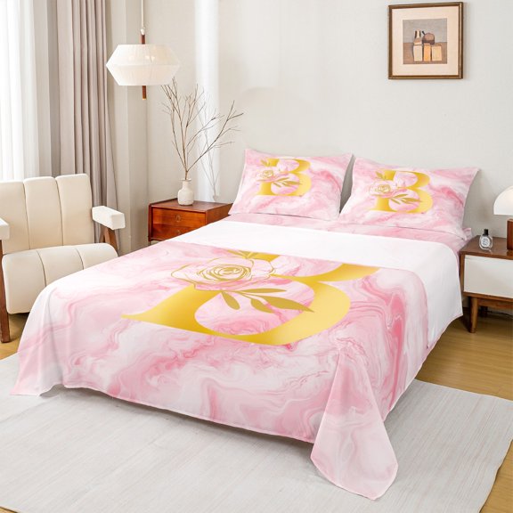 Homewish Pink Gold Monogrammed B Queen Sheet Sets, Marbling Artwork Abstract Flat Sheet, Rose Flower Print Queen Fitted Sheet, 4pcs