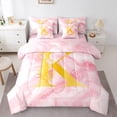 thumbnail image 1 of Homewish Pink Gold Monogrammed K Bedding Comforter Set 7 Pieces, Marbling Artwork Abstract Full Bedding Set, Rose Flower Print Reversible Fitted Sheet Flat Sheet, Microfiber Bedroom Decor, 1 of 7