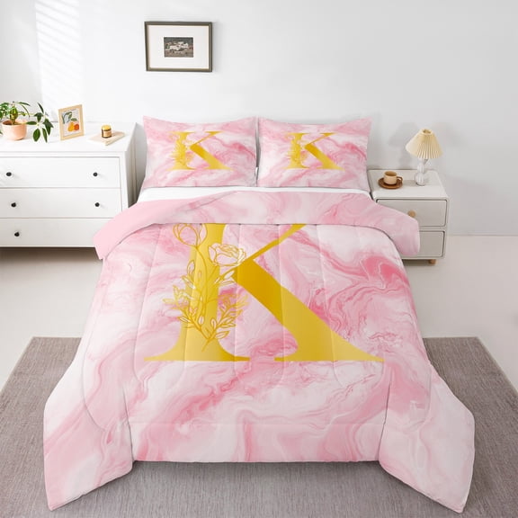 Homewish Pink Gold Monogrammed K Queen Comforter Set, Marbling Artwork Abstract Bedding Sets, Rose Flower Print Reversible Bedding Comforter Set, Microfiber Bedroom Decor, 3pcs