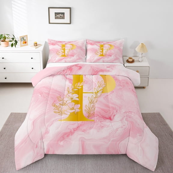 Homewish Pink Gold Monogrammed P Full Size Comforter Sets, Marbling Artwork Abstract Bedding Comforter Set, Rose Flower Print Reversible Bedding Sets, Luxury Bedroom Decor, 3pcs
