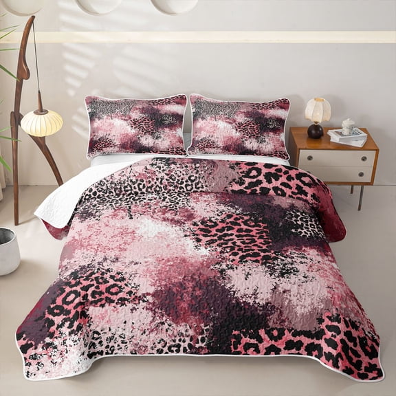 Homewish Pink Gradient Leopard Quilt Full,Aesthetic Artwork Full Bedspread Sets,3pcs