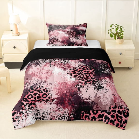 Homewish Pink Gradient Leopard Twin Comforter Sets,Aesthetic Artwork Bedding Set,Black Reversible,2 Pieces,1 Comforter and 1 Pillowcase