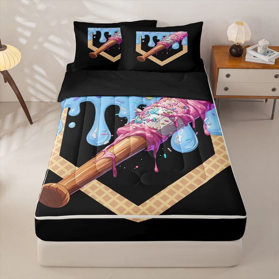 Homewish Pink Ice Cream Baseball Bat Print Zipper Twin Comforter Sets with Fitted Sheet and 2 Pillowcases,Waffle Cone Zipper Bedding Set For Kids Boys And Girls,Reversible,4-Piece