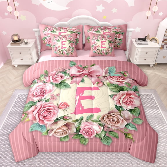 Homewish Pink Initial E Letter Twin Bedding Sets 7-Piece, Vintage Romantic Rose Bedding Comforter Set, Fashion Stripes Lines Reversible Sheet Sets, Lightweight Room Decor