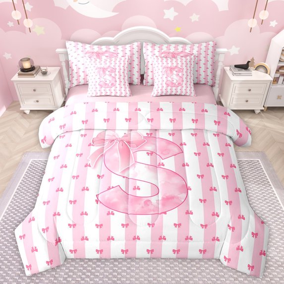 Homewish Pink Initial Letter Bedding Comforter Set 7pcs for Girl, Bowknot Monogrammed S King Bedding Sets, Art Watercolor Reversible Bed Sheets, Super Cozy Room Decor