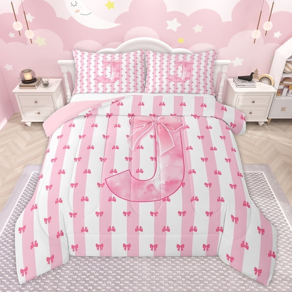 Homewish Pink Initial Letter Bedding Comforter Set for Girl, Bowknot Monogrammed J Twin Comforter Sets, Art Watercolor Reversible Bedding Set, Microfiber Bedroom Decor, 2 Pieces