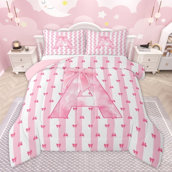 Homewish Pink Initial Letter Queen Comforter Set for Girl, Bowknot Monogrammed A Bedding Sets, Art Watercolor Reversible Bedding Comforter Set, Super Cozy Room Decor, 3 Pieces