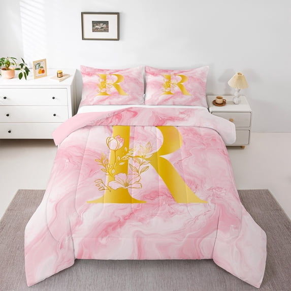 Homewish Pink Initial Letter R Bedding Comforter Set, Romantic Anniversary Rose Twin Comforter Sets, Modern Fashion Marble Reversible Bedding Set, Breathable Home Decor, 2-Piece