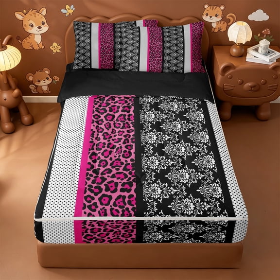 Homewish Pink Leopard Lines Zipper Full Size Comforter Sets with Fitted Sheet and 2 Pillowcases,Rustic Floral Damask Zipper Bedding Set For Girls,Black Reversible,4-Piece