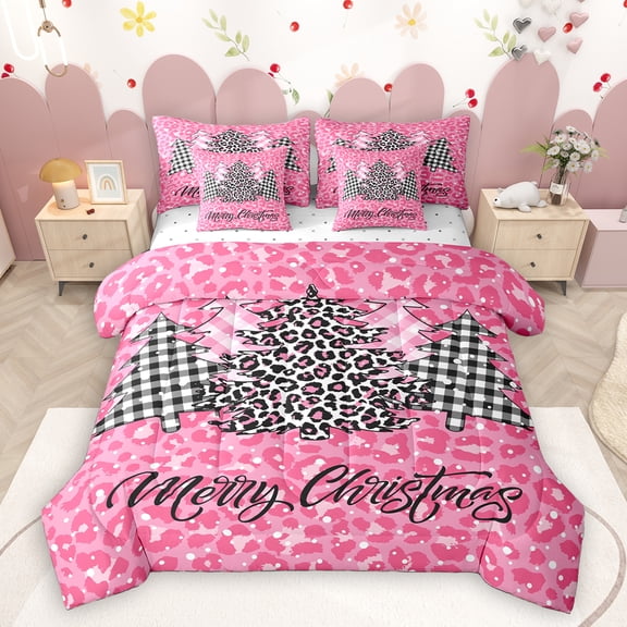 Homewish Pink Leopard Pattern 7-Piece Twin Bedding Sets,Merry Christmas Bedding Comforter Set,Plaid Xmas Tree Sheet Sets For Girls,Breathable Home Decor