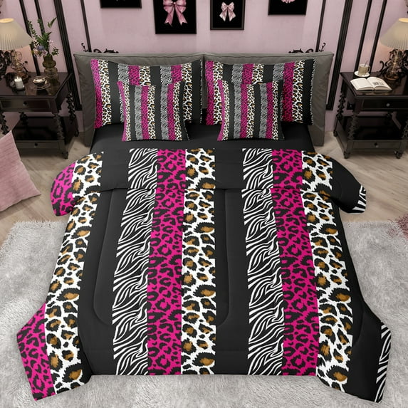 Homewish Pink Leopard Print Bedding Comforter Set 7 Pieces for Women, Modern Zebra Cheetah Print Full Bedding Set, Fashion Abstract Reversible Fitted Sheet Flat Sheet, Breathable Home Decor
