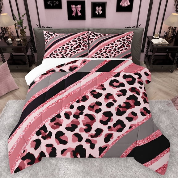 Homewish Pink Leopard Print Bedding Comforter Set for Female, Fashion Glitter Stripes Twin Comforter Sets, Modern Abstract Ombre Bedding Set, Ultra Soft Bedroom Decor, 2pcs