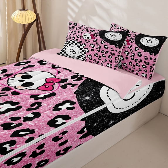 Homewish Pink Leopard Print Checker Zipper Twin Comforter Sets with Fitted Sheet and 2 Pillowcases, Skull Billiards Zipper Bedding Set for Women, Pink Reversible, 4 Pieces