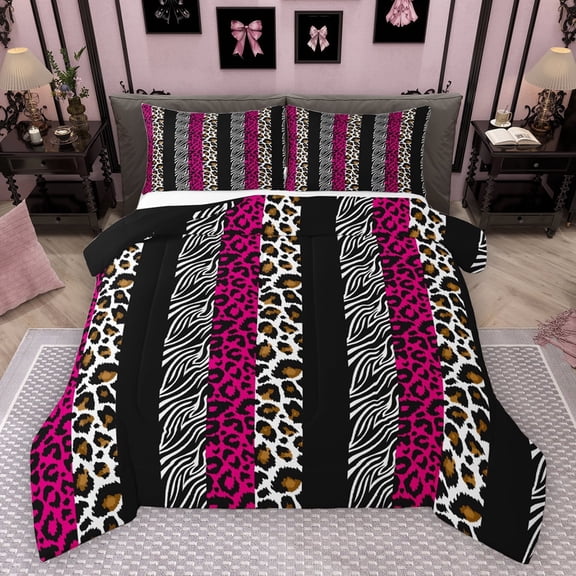 Homewish Pink Leopard Print Full Size Comforter Sets for Women, Modern Zebra Cheetah Print Bedding Comforter Set, Fashion Abstract Reversible Bedding Sets, Breathable Home Decor, 3pcs