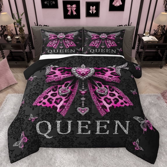 Homewish Pink Leopard Print Ribbon Bedding Comforter Set for Teen, King and Queen Twin Comforter Sets, Butterfly Damask Flower Reversible Bedding Set, Super Cozy Room Decor, 2 Pieces