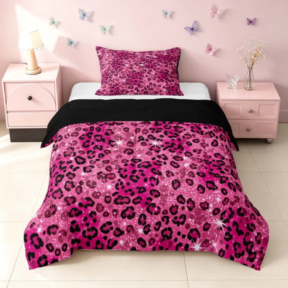Homewish Pink Leopard Print Twin Comforter Sets for Girls, Animal Themed Bedding Set, Black Reversible, 2 Pieces 1 Comforter and 1 Pillowcase