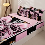Homewish Pink Leopard Ribbon Zipper Twin Comforter Sets with Fitted Sheet and 2 Pillowcases for Kids, Modern Cheetah Print Zipper Bedding Set, Pink Reversible, 4-Piece