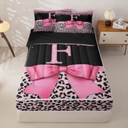 Homewish Pink Letter F Monogrammed Zipper Twin Comforter Sets with Fitted Sheet and 2 Pillowcases For Cheetah Pattern Lover,Classic Leopard Print Zipper Bedding Set Girls,Black Reversible,4-Piece
