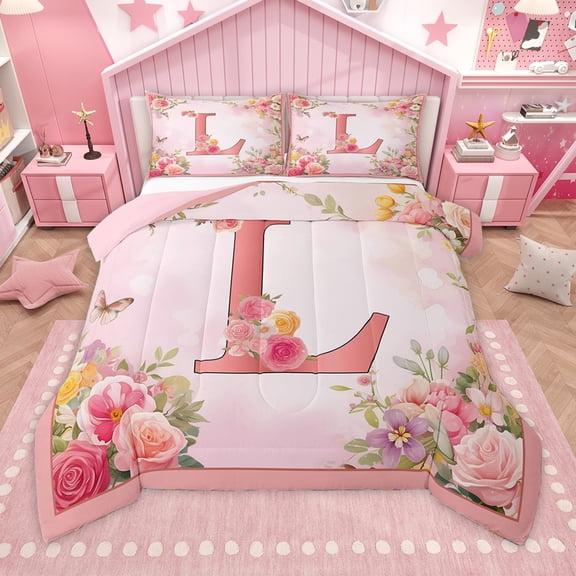 Homewish Pink Letter L Bedding Comforter Set,Monogrammed Theme Twin Comforter Sets,Country Floral Cartoon Rose Bedding Set For Girl Teens,Ultra Soft Bedroom Decor Reversible,2 Pieces