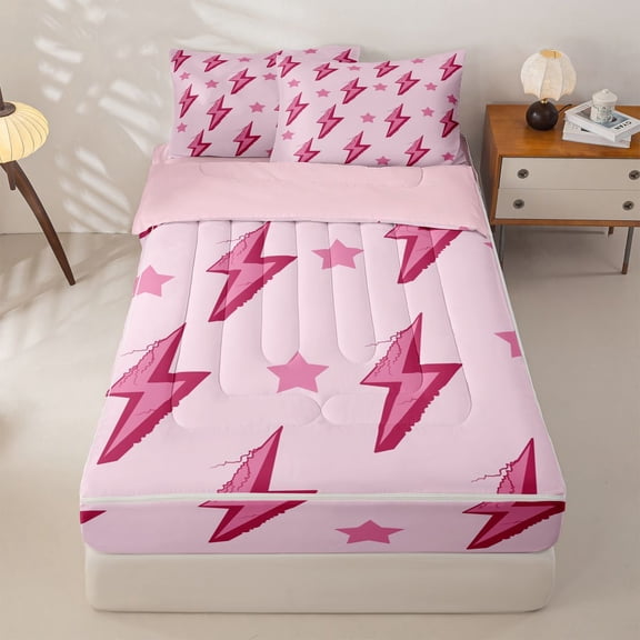 Homewish Pink Lightning Zipper Twin Comforter Sets with Fitted Sheet and 2 Pillowcases For Girls,Glitter Stars Zipper Bedding Set,Pink Reversible,4 Pieces