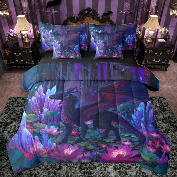 Homewish Pink Lotus Leaves 7-Piece Twin Bedding Sets,Cartoon Dragon Bedding Comforter Set,Fantasy Theme Sheet Sets For Teens,Ultra Soft Home Decor Reversible