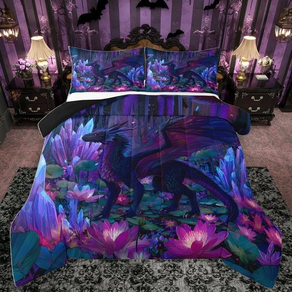 Homewish Pink Lotus Leaves Bedding Comforter Set,Cartoon Dragon Twin Comforter Sets,Fantasy Theme Bedding Set For Teens,Ultra Soft Home Decor Reversible,2-Piece