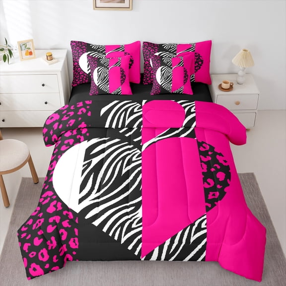 Homewish Pink Love Heart Bedding Comforter Set 7-Piece, Romantic Valentines Day King Bedding Sets, Cartoon Leopard Zabra Print Reversible Bed Sheets, Ultra Soft Bedroom Decor