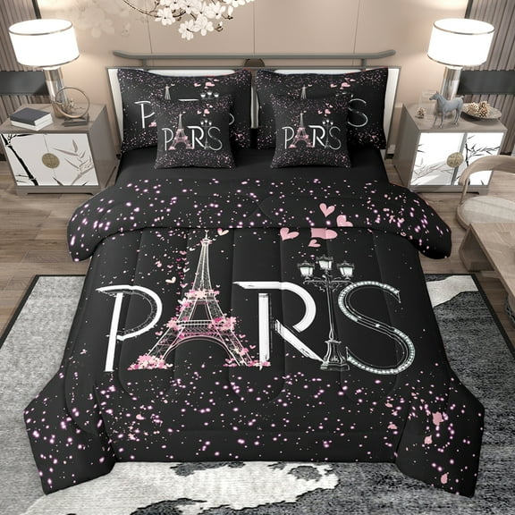 Homewish Pink Loves Pattern 7 Pieces Bedding Comforter Set,Paris Eiffel Rower Full Bedding Set,Romantic Valentine'S Day Fitted Sheet Flat Sheet For Girl,Microfiber Bedroom Decor